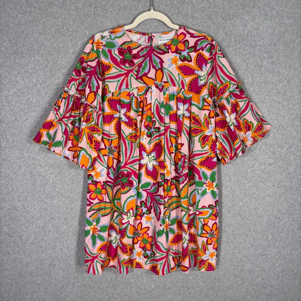 Native Youth Babydoll Mini Dress Small Floral Seersucker Tiered Maximalist Boho